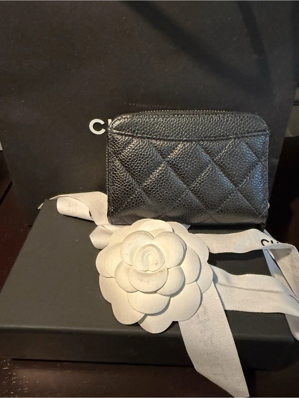 CHANEL Black Quilted Caviar Zip Card Wallet with Gold Hardware